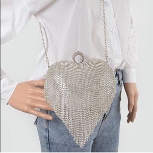 Silver Metallic Fringe Rhinestone Crystal Heart Shape Clutch Evening Bag
